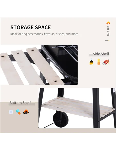 Outsunny Trolley Charcoal BBQ Barbecue Grill Outdoor Patio Garden Heating Smoker with Side Trays Storage Shelf and Wheels