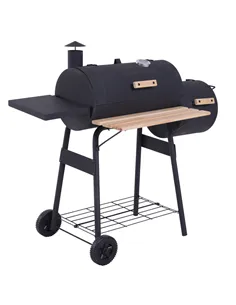 Outsunny Portable Charcoal BBQ Grill, Cold-rolled Steel, Solid Wood, 104H x 124L x53W cm-Black