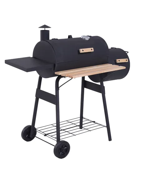 Outsunny Portable Charcoal BBQ Grill, Cold-rolled Steel, Solid Wood, 104H x 124L x53W cm-Black
