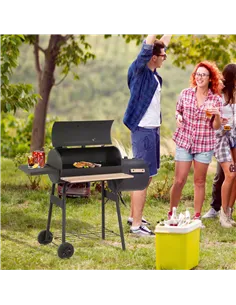 Outsunny Portable Charcoal BBQ Grill, Cold-rolled Steel, Solid Wood, 104H x 124L x53W cm-Black 2