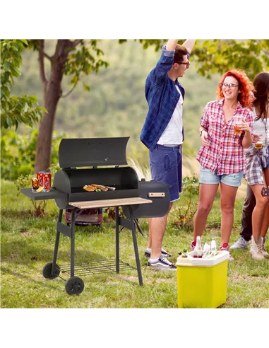 Outsunny Portable Charcoal BBQ Grill, Cold-rolled Steel, Solid Wood, 104H x 124L x53W cm-Black