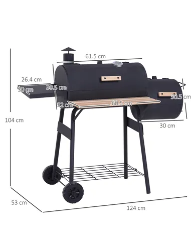Outsunny Portable Charcoal BBQ Grill, Cold-rolled Steel, Solid Wood, 104H x 124L x53W cm-Black