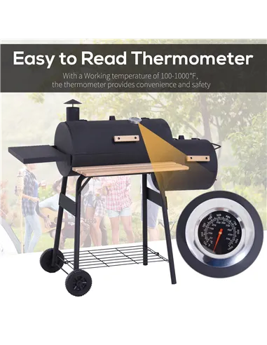 Outsunny Portable Charcoal BBQ Grill, Cold-rolled Steel, Solid Wood, 104H x 124L x53W cm-Black