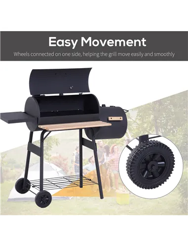 Outsunny Portable Charcoal BBQ Grill, Cold-rolled Steel, Solid Wood, 104H x 124L x53W cm-Black