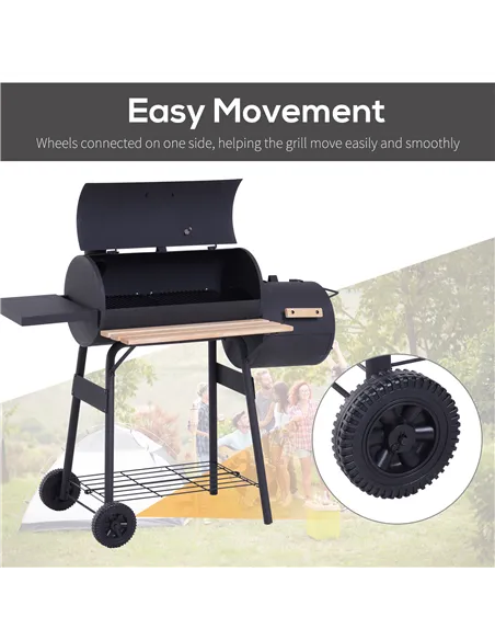 Outsunny Portable Charcoal BBQ Grill, Cold-rolled Steel, Solid Wood, 104H x 124L x53W cm-Black