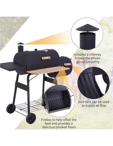 Outsunny Portable Charcoal BBQ Grill, Cold-rolled Steel, Solid Wood, 104H x 124L x53W cm-Black