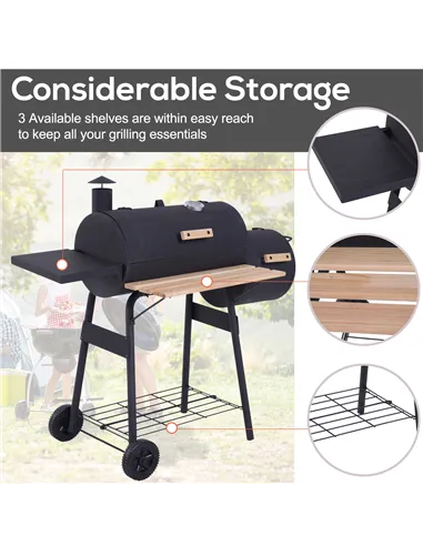 Outsunny Portable Charcoal BBQ Grill, Cold-rolled Steel, Solid Wood, 104H x 124L x53W cm-Black