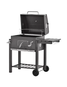 Outsunny Charcoal Grill BBQ Trolley with Adjustable Charcoal Grate, Garden Metal Smoker Barbecue with Shelf, Side Table, Wheels,