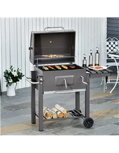 Outsunny Charcoal Grill BBQ Trolley with Adjustable Charcoal Grate, Garden Metal Smoker Barbecue with Shelf, Side Table, Wheels, 2