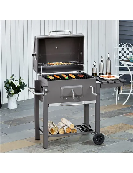 Outsunny Charcoal Grill BBQ Trolley with Adjustable Charcoal Grate, Garden Metal Smoker Barbecue with Shelf, Side Table, Wheels,