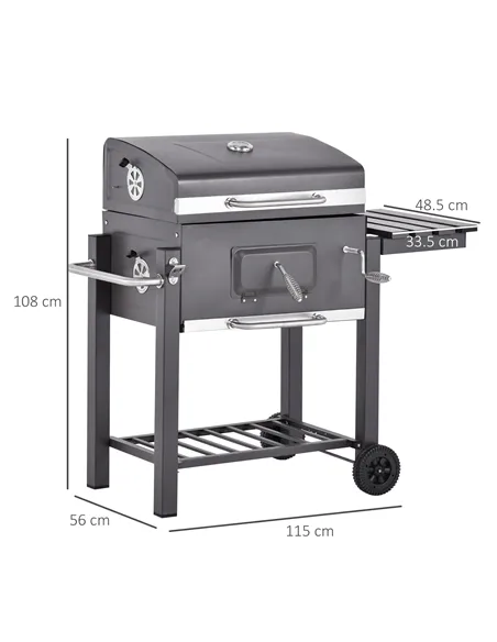 Outsunny Charcoal Grill BBQ Trolley with Adjustable Charcoal Grate, Garden Metal Smoker Barbecue with Shelf, Side Table, Wheels,