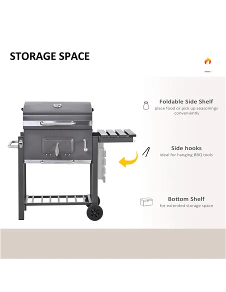 Outsunny Charcoal Grill BBQ Trolley with Adjustable Charcoal Grate, Garden Metal Smoker Barbecue with Shelf, Side Table, Wheels,