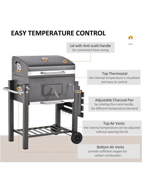 Outsunny Charcoal Grill BBQ Trolley with Adjustable Charcoal Grate, Garden Metal Smoker Barbecue with Shelf, Side Table, Wheels,