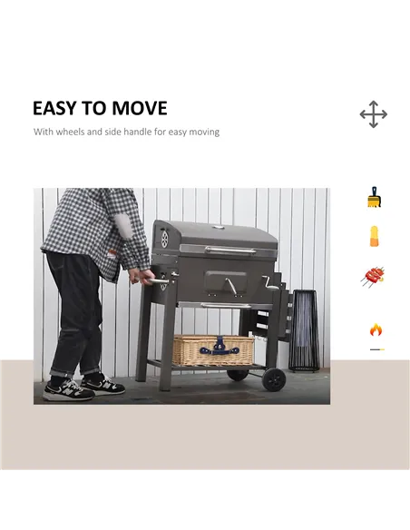 Outsunny Charcoal Grill BBQ Trolley with Adjustable Charcoal Grate, Garden Metal Smoker Barbecue with Shelf, Side Table, Wheels,