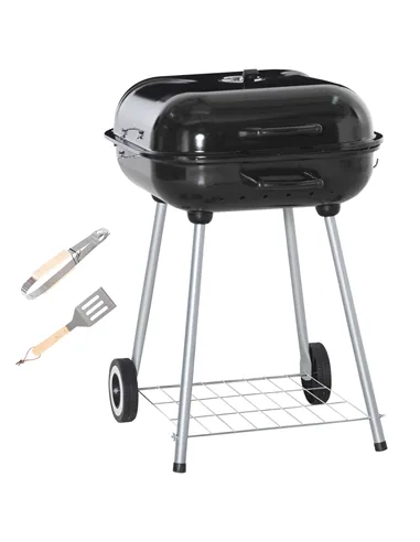 Outsunny Portable BBQ Charcoal Grill with 2 Wheels and Cooking Utensils, Smoker Grill with Lid for Outdoor Barbecues, Camping, P