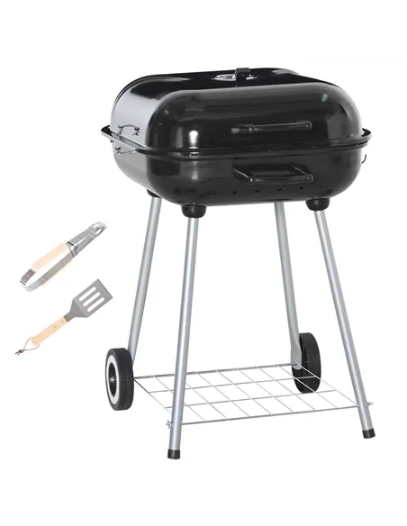 Outsunny Portable BBQ Charcoal Grill with 2 Wheels and Cooking Utensils, Smoker Grill with Lid for Outdoor Barbecues, Camping, P