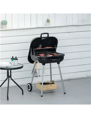 Outsunny Portable BBQ Charcoal Grill with 2 Wheels and Cooking Utensils, Smoker Grill with Lid for Outdoor Barbecues, Camping, P