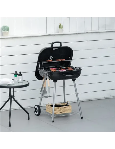 Outsunny Portable BBQ Charcoal Grill with 2 Wheels and Cooking Utensils, Smoker Grill with Lid for Outdoor Barbecues, Camping, P