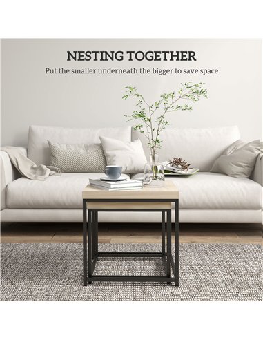 HOMCOM Coffee Table Set of 2, Nest of Tables with 3.5cm Thick Tabletop, Oak