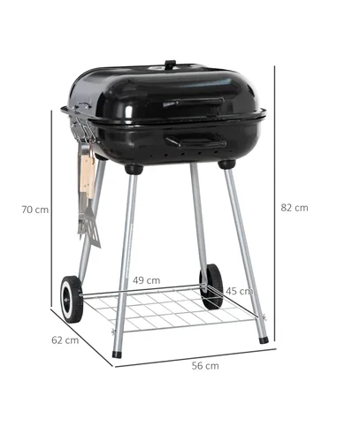 Outsunny Portable BBQ Charcoal Grill with 2 Wheels and Cooking Utensils, Smoker Grill with Lid for Outdoor Barbecues, Camping, P