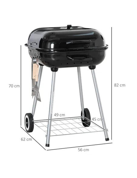 Outsunny Portable BBQ Charcoal Grill with 2 Wheels and Cooking Utensils, Smoker Grill with Lid for Outdoor Barbecues, Camping, P