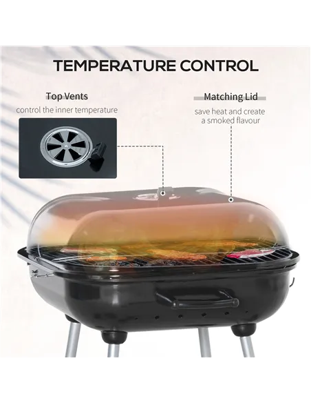 Outsunny Portable BBQ Charcoal Grill with 2 Wheels and Cooking Utensils, Smoker Grill with Lid for Outdoor Barbecues, Camping, P