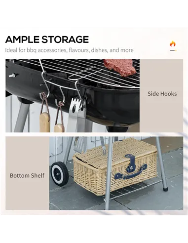 Outsunny Portable BBQ Charcoal Grill with 2 Wheels and Cooking Utensils, Smoker Grill with Lid for Outdoor Barbecues, Camping, P