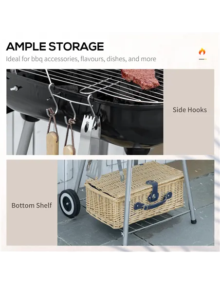 Outsunny Portable BBQ Charcoal Grill with 2 Wheels and Cooking Utensils, Smoker Grill with Lid for Outdoor Barbecues, Camping, P