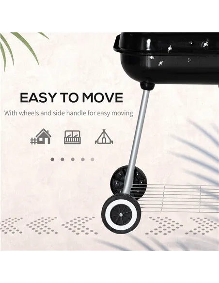 Outsunny Portable BBQ Charcoal Grill with 2 Wheels and Cooking Utensils, Smoker Grill with Lid for Outdoor Barbecues, Camping, P