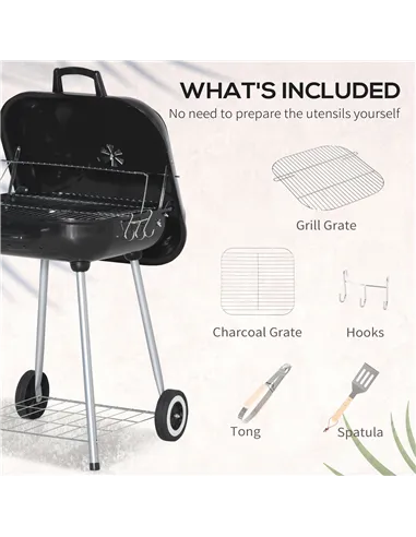 Outsunny Portable BBQ Charcoal Grill with 2 Wheels and Cooking Utensils, Smoker Grill with Lid for Outdoor Barbecues, Camping, P