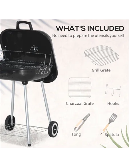Outsunny Portable BBQ Charcoal Grill with 2 Wheels and Cooking Utensils, Smoker Grill with Lid for Outdoor Barbecues, Camping, P