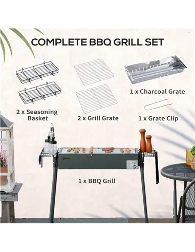 Outsunny Portable Charcoal Barbecue BBQ Grill with Seasoning Baskets and Hooks, Compact Stainless Steel Cooker for Camping Picni
