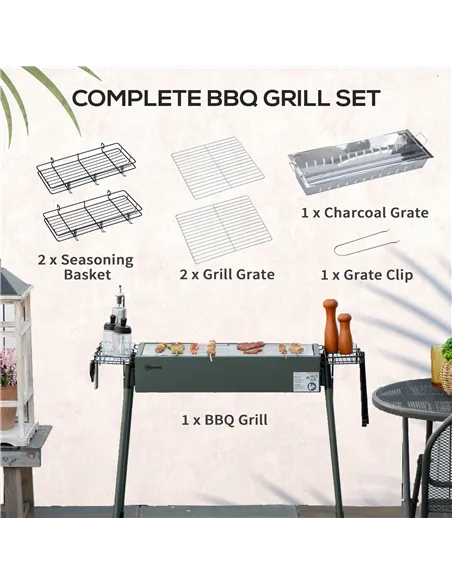 Outsunny Portable Charcoal Barbecue BBQ Grill with Seasoning Baskets and Hooks, Compact Stainless Steel Cooker for Camping Picni