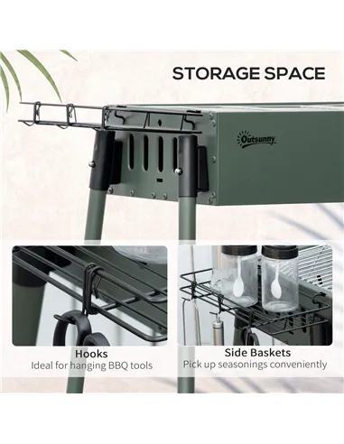 Outsunny Portable Charcoal Barbecue BBQ Grill with Seasoning Baskets and Hooks, Compact Stainless Steel Cooker for Camping Picni