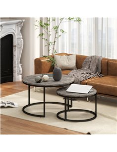 HOMCOM Industrial Nesting Coffee Table Set of 2, Round Coffee Tables, Living Room Table with Faux Marbled Top and Steel Frame 2