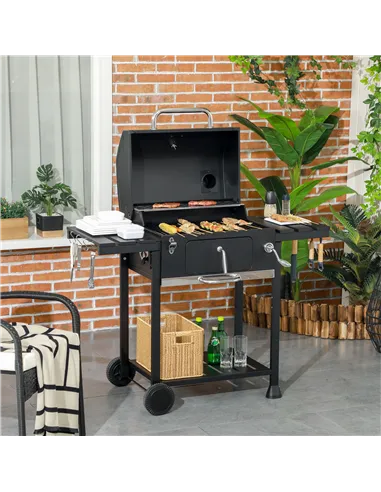 Outsunny Adjustable Charcoal Pan BBQ, with Thermometer and Warming Rack