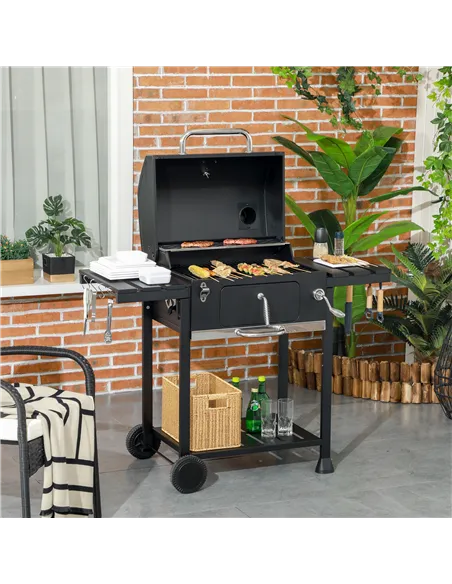 Outsunny Adjustable Charcoal Pan BBQ, with Thermometer and Warming Rack