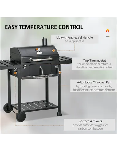 Outsunny Adjustable Charcoal Pan BBQ, with Thermometer and Warming Rack