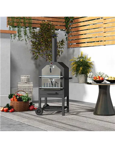 Outsunny Steel 3-Tier Outdoor Pizza Oven Charcoal BBQ Grill, Black