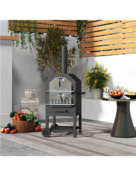 Outsunny Steel 3-Tier Outdoor Pizza Oven Charcoal BBQ Grill, Black