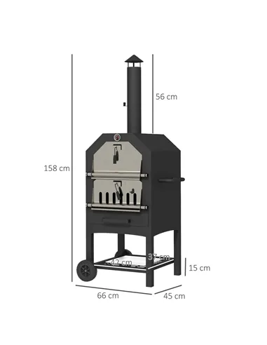 Outsunny Steel 3-Tier Outdoor Pizza Oven Charcoal BBQ Grill, Black