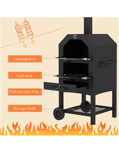 Outsunny Steel 3-Tier Outdoor Pizza Oven Charcoal BBQ Grill, Black