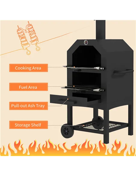 Outsunny Steel 3-Tier Outdoor Pizza Oven Charcoal BBQ Grill, Black