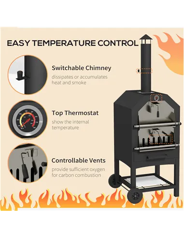 Outsunny Steel 3-Tier Outdoor Pizza Oven Charcoal BBQ Grill, Black