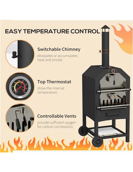 Outsunny Steel 3-Tier Outdoor Pizza Oven Charcoal BBQ Grill, Black