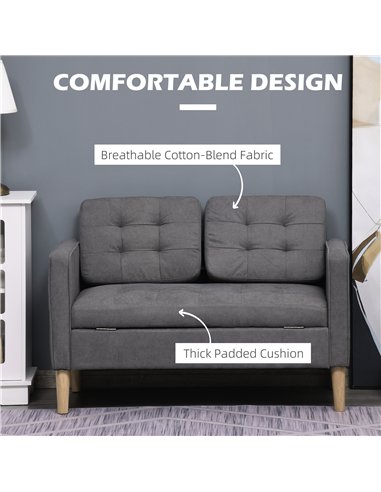 HOMCOM Modern 2 Seater Sofa with Hidden Storage, 117cm Tufted Cotton Couch with Wood Legs, Compact Loveseat for Living Room, Kit