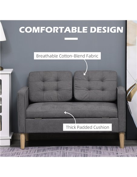 HOMCOM Modern 2 Seater Sofa with Hidden Storage, 117cm Tufted Cotton Couch with Wood Legs, Compact Loveseat for Living Room, Kit