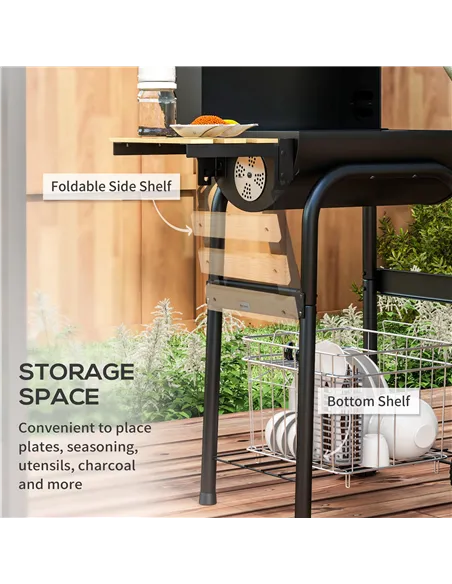 Outsunny Charcoal BBQ, with Thermometer, Shelves and Wheels