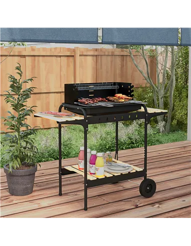 Outsunny Charcoal Barbecue Grill with Adjustable Grill Height, Portable BBQ Trolley with Ash Catcher and Wheels for Outdoor Gard