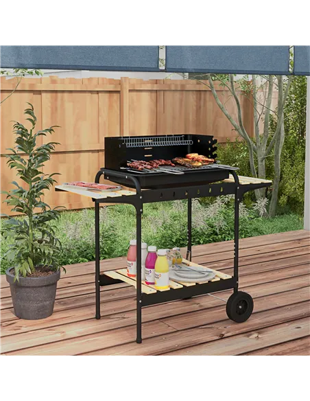 Outsunny Charcoal Barbecue Grill with Adjustable Grill Height, Portable BBQ Trolley with Ash Catcher and Wheels for Outdoor Gard